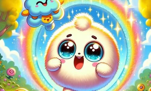 A small round and fluffy character with bright eyes and a joyful smile is enthusiastically jumping through a magical portal that shines with a thousand colors. This character resembles an adorable plush creature with soft, fluffy fur, expressing great curiosity and excitement. Next to him, a small blue cloud with arms and legs floats joyfully, its eyes sparkling with happiness as it claps and encourages its friend to cross the portal. A small yellow sprite with sparkling wings flies around them, laughing and showing the way with a big smile, full of energy and enthusiasm. The setting is a sunny clearing surrounded by candy-colored trees and flowers that seem to laugh and dance in the breeze. In the center, a swirling luminous portal emits bursts of light that illuminate the scene. The main moment shows the magical instant when the friends are about to enter the portal, ready for an incredible adventure through time, filled with excitement and promises of fantastic discoveries.