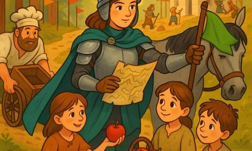 Uma mulher cavaleira serena e decidida, cabelo castanho sob um capacete simples e capa azul-esverdeada, segura um mapa rabiscado e crava um fanal verde brilhante; à sua direita um cavalo grisalho chamado Bruma, calmo; à esquerda um padeiro de cerca de 40 anos, barba com vestígios de farinha e chapéu amassado, empurra uma carroça de madeira atolada; duas crianças (menina ~8 e menino ~6) de roupas simples seguram uma cesta de maçãs — a menina oferece timidamente uma maçã vermelha à cavaleira, o menino observa o mapa; ao fundo operários erguem um edifício de pedras claras com andaimes de madeira e bandeirolas vermelhas, amarelas e verdes ao longo do caminho; cena na borda de um pinhal com troncos castanhos, chão de agulhas e pedras, pequena passarela sobre um ribeiro e luz dourada de fim de tarde, momento caloroso em que o fanal marca o 