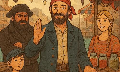 Homem adulto, capitão Miguel, ~45 anos, barba castanha, olhar benevolente, sorriso discreto, jaqueta de capitão azul-marinho gasta, bandana vermelha, mão levantada chamando ao silêncio e outra sobre a balaustrada do cais; homem adulto, capitão Barba Negra, ~40 anos, alto e corpulento, barba preta espessa, expressão cautelosa mas amena, sobretudo de pirata, de pé à esquerda com os braços cruzados junto a uma grande caixa de madeira; mulher comerciante, ~30 anos, cabelos loiros trançados, vestido colorido, sorri e mostra frascos de especiarias numa mesa de feira à frente à direita; rapaz aprendiz de marinheiro, ~12 anos, rosto curioso, camisa às riscas e boné, carrega uma cesta de peixes entre os dois capitães; cenário: largo cais de madeira gasto com lanternas, tendas de feira coloridas, barracas de tecido às riscas, barris e cordas, água turquesa do porto refletindo a luz do entardecer e prédios baixos de pedra ao fundo; situação: inauguração de um mercado comum onde piratas e mercadores começam a trabalhar juntos — clima festivo com lampiões, cheiro de especiarias, gestos de cooperação e expressões de esperança cautelosa; paleta quente e natural, textura de impressão em papel jornal, traços nítidos e sombras suaves.