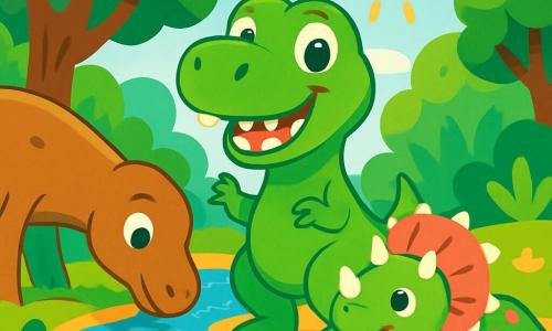Um Tyrannossauro Rex chamado Tino, com pele verde brilhante e grandes olhos redondos e alegres, está no centro da cena, sorrindo com dentes brancos e brilhantes. À sua direita, um pequeno tricerátopo chamado Dina, com escamas verdes e rosas, olha para Tino com um ar feliz, suas pontas brilhando ao sol. À esquerda, um braquiossauro chamado Léo, com um longo pescoço e pele marrom, se inclina para beber água de um lago, seus olhos doces e curiosos fixos em seus amigos. A cena ocorre em uma floresta exuberante, cheia de árvores gigantes com folhas verdes vibrantes, flores coloridas e um lago azul cintilante, onde o sol brilha através dos galhos. Tino, Dina e Léo brincam juntos, correndo alegremente sobre o chão coberto de folhas, rindo e se divertindo, criando uma atmosfera de felicidade e amizade.