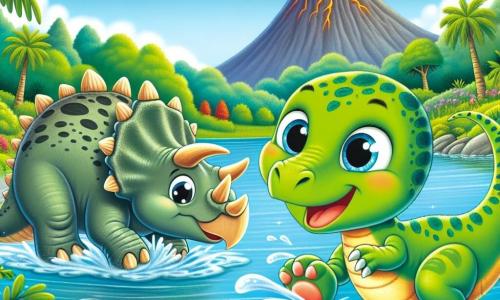 Um pequeno velociraptor chamado Dino, com escamas verdes brilhantes e olhos cheios de curiosidade, corre alegremente à beira de um lago, espirrando água com suas patas. Ao lado dele, um tricerátopo chamado Tino, com pele marrom e três chifres na cabeça, sorri ao observá-lo, pronto para pular na água. Um estegossauro chamado Stela, com seu casco espinhoso colorido de verde e azul, está um pouco mais longe, bebendo água, seus olhos suaves e amigáveis observando a cena. Ao fundo, um grande vulcão solta fumaça suavemente, cercado por uma floresta luxuriante e flores coloridas, enquanto o céu é de um azul brilhante, salpicado de nuvens brancas e fofas. A cena principal mostra Dino e seus amigos brincando perto do lago, rindo e se molhando, cheios de alegria e amizade.