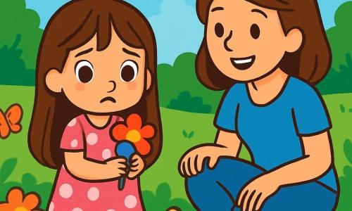 Una bambina di 4 anni, Anna, con lunghi capelli castani e occhi pieni di curiosità, si trova in un giardino soleggiato, con un'espressione un po' preoccupata. Indossa un vestito rosa a pois bianchi e tiene delicatamente un bel fiore colorato tra le mani, guardandosi intorno con esitazione. Accanto a lei, sua madre, una donna di circa 30 anni con capelli castani e un sorriso caloroso, è accucciata, osservando il giardino con affetto. Indossa una maglietta blu e jeans, pronta ad aiutare la figlia. Il giardino è pieno di fiori vivaci, con farfalle che volano e un cielo azzurro punteggiato di nuvole bianche e soffici. La scena principale mostra Anna, un po' in colpa, mentre tiene il fiore che ha raccolto, mentre la madre le parla dolcemente, insegnandole l'importanza di dire la verità.