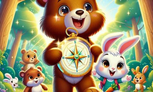 Barnaby, a soft brown teddy bear with sparkling eyes full of excitement, stands at the center of the scene, holding a beautiful shimmering compass in his paws. His face radiates joy and wonder as he looks at his friends around him. Next to him, Rosie, a small bunny with big ears and bright white fur, jumps with joy, her eyes shining with curiosity. She carries a small backpack filled with carrots, ready for adventure. They are in a sunny clearing surrounded by majestic trees with vibrant green leaves and colorful flowers dancing in the breeze. Sunlight filters through the branches, creating bright patterns on the ground. The main scene shows Barnaby and Rosie, surrounded by their animal friends, celebrating their discovery of the magical compass, ready to embark on new thrilling adventures in the enchanted forest.