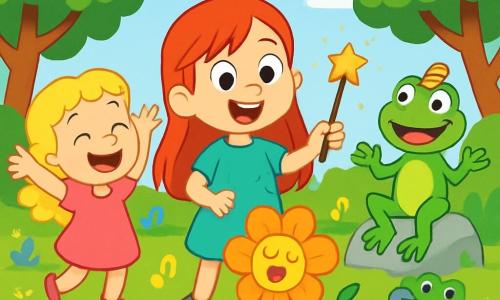 Er zijn 3 personages: - Sofie: een meisje van bijna 6 jaar met lange, vurige rode haren, sprankelende ogen en een grote glimlach. Ze houdt een kleine toverstok vast en staat in het midden, omringd door dansende bloemen. - Mila: een meisje van bijna 6 jaar met krullend blond haar en een roze jurk. Ze staat links van Sofie, lachend en met haar armen in de lucht, klaar om met de bloemen te dansen. - Kikker Karel: een grote groene kikker met een grappig hoedje op zijn hoofd. Hij staat rechts van Sofie, op een steen, glimlachend en gebarend met zijn poten, alsof hij instructies geeft. De locatie is een prachtige kleurrijke tuin, vol met schitterende bloemen in alle kleuren: roze, geel, paars en blauw. De bloemen dansen vrolijk op de melodie van een magisch deuntje, en bomen met weelderige takken wiegen zachtjes in de bries. De lucht is helderblauw, met pluizige witte wolken. De belangrijkste situatie toont Sofie en Mila die proberen een bloem te laten zingen, maar in plaats daarvan begint de bloem te dansen en trekt de hele tuin mee. De twee meisjes lachen hard, verwonderd door de magie om hen heen, terwijl Kikker Karel hen aanmoedigt met een grote glimlach.