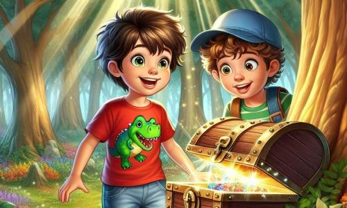 Un niño de 8 años, llamado Pablo, con cabello castaño desordenado y ojos brillantes de curiosidad, se encuentra frente a un gran árbol majestuoso en un bosque encantado. Lleva una camiseta roja con un dibujo de dinosaurio y un pantalón corto de mezclilla, y su rostro está iluminado por una sonrisa de emoción al descubrir un antiguo cofre escondido en el tronco del árbol. A su lado, su mejor amigo Lucas, también un niño de 8 años, con cabello rizado y una gorra azul, observa el cofre con ojos muy abiertos. Lleva una camiseta verde y un pantalón corto cargo, y se mantiene un poco atrás, listo para ayudar a Pablo a abrir el tesoro. El lugar es un bosque mágico, donde los árboles son altos y majestuosos, sus hojas brillan como esmeraldas bajo el sol, y flores coloridas cubren el suelo. Rayos de luz filtran a través del follaje, creando una atmósfera de ensueño. La escena principal muestra a Pablo y Lucas, maravillados, abriendo el antiguo cofre y descubriendo en su interior cartas y dibujos que hablan de la amistad, simbolizando su propia aventura y el valor de los lazos que comparten.