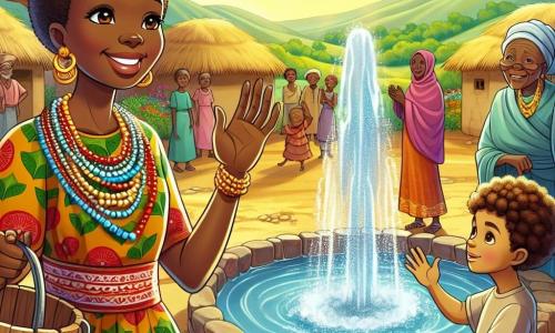 Amani, o femeie africană de aproximativ patruzeci de ani, se află în centrul scenei, zâmbind călduros, cu ochii strălucind de înțelepciune. Poartă o rochie colorată cu motive tradiționale, împodobită cu mărgele strălucitoare, și își ridică brațele în semn de unitate, înconjurată de comunitate. În dreapta sa, un băiat tânăr de aproximativ 10 ani, cu părul creț și o expresie hotărâtă, ține un găleată din lemn, pregătit să participe la concursul de la fântână. În stânga sa, o femeie în vârstă de aproximativ 70 de ani, cu riduri adânci și o privire binevoitoare, observă scena cu mândrie, ținând un baston din lemn. Decorul este un sat african pitorești, cu case din pământ bătut și acoperișuri din stuf, înconjurat de coline verzi și copaci majestuoși. În fundal, o fântână țâșnește apă limpede, strălucind sub soarele auriu, în timp ce flori colorate marginesc drumul. Situația principală arată cum Amani strânge sătenii în jurul fântânii, încurajându-i să se unească pentru a depăși conflictele, atmosfera fiind plină de speranță și bucurie, cu copii jucându-se și adulți discutând cu entuziasm.