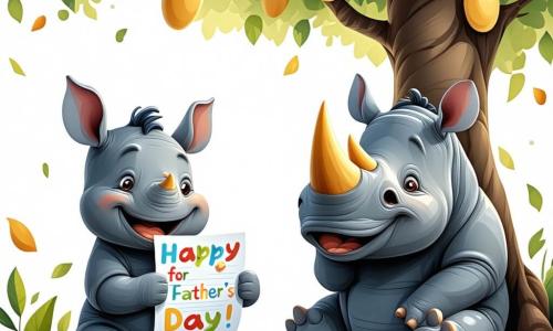 Un piccolo rinoceronte di nome Rino, con la pelle grigia e gli occhi scintillanti di gioia, è al centro dell'immagine, mentre tiene una lettera colorata e un disegno sotto un grande albero di mango. Sorride ampiamente, entusiasta per la festa del papà. Accanto a lui, il suo papà, un grande rinoceronte dal sguardo dolce e affettuoso, legge la lettera con aria commossa, le orecchie grandi leggermente inclinate in avanti. Più lontano, la scimmia Chichi, con il suo pelo marrone e gli occhi furbi, appende palloncini colorati ai rami dell'albero, ridendo gioiosamente. Il luogo è un angolo magnifico della giungla, baciato dalla luce dorata del sole, con fiori vivaci e farfalle che svolazzano. La scena trasmette un'atmosfera festosa e calorosa, piena di colori vivaci e felicità. Rino e il suo papà condividono un momento tenero e gioioso, circondati dai loro amici, pronti a celebrare la festa del papà.