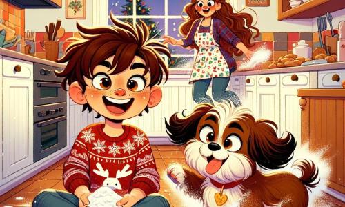 Un niño de 4 años llamado Pablo, con grandes ojos brillantes y cabello castaño desordenado, está sentado en el suelo de la cocina riendo a carcajadas. Lleva un suéter rojo con un diseño de reno y pantalones de mezclilla. A su lado, su perro Choco, un pequeño perro marrón con orejas caídas, salta alegremente en la harina, creando nubes de polvo blanco a su alrededor. En la cocina, su mamá, una mujer de unos 30 años con cabello largo y rizado, entra en la habitación, sorprendida y divertida por el desorden. Lleva un delantal con motivos navideños y una gran sonrisa en su rostro, mirando a su hijo y a su perro con ternura. La cocina es acogedora, decorada con luces y un gran árbol de Navidad visible por la ventana. Hay platos de pasteles y utensilios de cocina esparcidos a su alrededor, mientras copos de harina flotan en el aire. La escena principal muestra a Pablo y Choco, cubiertos de harina, jugando alegremente, mientras su mamá entra en la cocina riendo por la sorpresa y el desorden que han creado juntos.