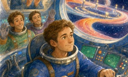 Un uomo, Leo, sereno ma concentrato, volto rotondo, occhi nocciola brillanti, capelli castani corti e casco argentato spostato sulla nuca, aggiusta le leve della consolle della sua piccola navetta blu 