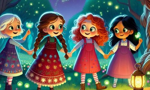Quattro bambine di sei anni si trovano insieme in un antico parco magico, circondate da alberi maestosi e fiori luminosi che brillano nell'oscurità. Clara, la leader, ha lunghi capelli castani intrecciati e indossa un vestito rosso con motivi di lucciole, sorridendo con determinazione. Accanto a lei, Sofia, con capelli biondi ricci e un vestito celeste, osserva con meraviglia una lucciola verde che scintilla nell'aria. Emma, con capelli castani e una salopette rosa, indica un antico libro magico su un tavolo di legno, i suoi occhi brillano di curiosità. Infine, Mia, con capelli neri e un vestito viola, si tiene leggermente in disparte, tenendo una piccola lanterna che illumina il loro cammino, con un sorriso fiducioso. Il parco è misterioso, con ombre danzanti e un cielo stellato, mentre un grande lampione dorato brilla al centro, illuminando la scena con una luce calda. Le quattro amiche scoprono un antico libro di magia che rafforza la barriera protettiva della loro città, mentre una lucciola magica le guida verso un'avventura indimenticabile.