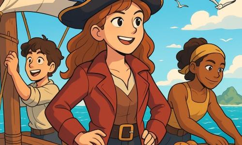 Kapitein Livia Storm, een dappere vrouw met lang golvend haar, staat trots op het dek van haar piratenschip, haar gezicht verlicht door een vastberaden glimlach. Ze draagt een piratenhoed versierd met een kleurrijke veer en een rode leren jas, terwijl ze met een vurige blik in haar ogen naar de horizon kijkt. Naast haar is Matz, een jonge man met krullend haar en een sprankelende blik, druk bezig met het afstellen van de zeilen, zijn gezicht getekend door opwinding en adrenaline. Verderop bereidt Noor, een vrouw met een gouden huid en gespierde armen, voorraden voor in een grote kist, haar uitdrukking geconcentreerd en vriendelijk. Het schip vaart over een glinsterende turquoise zee, omringd door witte golven en een stralende blauwe lucht, met meeuwen die erboven vliegen. Op de achtergrond verschijnt een mysterieuze groene eiland aan de horizon, dat avonturen belooft. De hoofdscene toont Livia, Matz en Noor verenigd in hun zoektocht, klaar om een oude schatkaart te ontcijferen, met gouden lichtflitsen die hun pad verlichten, wat hoop en vriendschap symboliseert.