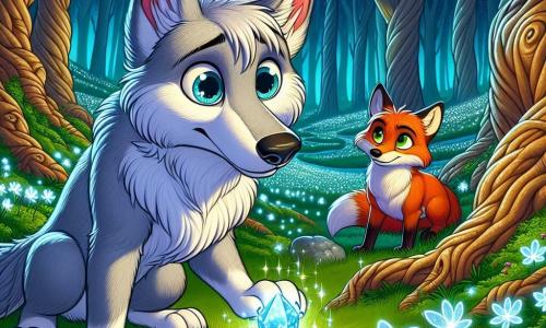In an enchanted clearing, a young wolf named Lupin, with shiny silver fur glimmering under the moonlight, gazes in wonder at a sparkling stone, the "Starry Stone." His bright blue eyes reflect curiosity and excitement as he gently approaches the stone, his delicate paws brushing the soft grass. Beside him, Fern, a mischievous fox with vibrant red fur, watches with a playful smile, her eyes sparkling with mischief as she stands slightly back, ready to encourage Lupin in his quest. The setting is a magical forest, where tall, gnarled trees reach toward the starry sky. Luminescent flowers light up the ground, and a nearby babbling brook adds a touch of serenity to the atmosphere. The main scene shows Lupin discovering the magical stone at the center of the clearing, while Fern encourages him, creating an ambiance of adventure and mystery, full of promises and dreams to be fulfilled.