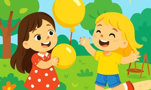 A 4-year-old girl with long brown hair and sparkling eyes is wearing a red dress with white polka dots. She has a big joyful smile and is holding a yellow balloon. Next to her is her best friend, a 4-year-old girl with blonde hair and blue eyes, wearing a yellow t-shirt and denim shorts. She is laughing while looking at the balloon. The setting is a lush garden filled with colorful flowers and shiny-leaved trees under a sunny blue sky. In the background, there's a swing and a small gravel path. The main scene shows the two friends playing together, laughing and throwing the balloon in the air, surrounded by an atmosphere of happiness and friendship.