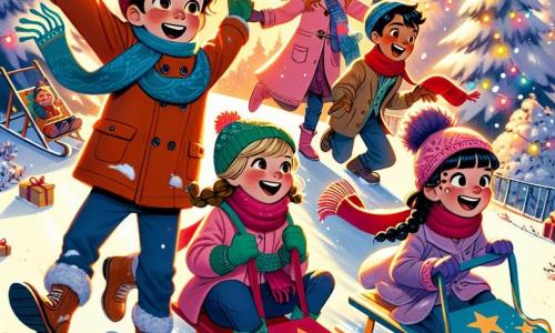 Dans uma cena festiva, quatro crianças estão no topo de uma colina coberta de neve, prontas para descer a ladeira com seus trenós coloridos. Miguel, um menino de 11 anos com cabelos castanhos bagunçados, usa um gorro vermelho e um cachecol azul, sorrindo de excitação com os braços levantados. Clara, uma menina de 10 anos com cabelos loiros trançados, veste um casaco rosa e luvas verdes, segurando seu trenó decorado com estrelas douradas. Pedro, um menino de 11 anos com cabelos negros e óculos, empurra seu trenó azul vibrante, rindo e fazendo caretas. Sofia, uma menina de 10 anos com cabelos castanhos cacheados, usa um casaco roxo e um gorro de pompom, pronta para se juntar a Pedro. O cenário é encantador: uma colina coberta de neve brilhante, árvores nevadas ao fundo e um céu estrelado iluminado por fogos de artifício coloridos, criando uma atmosfera mágica e alegre. As crianças estão cercadas de risos e alegria, prontas para viver uma aventura inesquecível descendo a ladeira juntas.