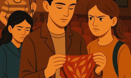 Um rapaz adolescente, Miguel, concentrado e sereno, cabelos castanhos curtos, veste simples, segura delicadamente um lenço vermelho com folhas douradas; à sua direita Beatriz, cerca de 13 anos, com expressão entre raiva e alívio, olhos no lenço; à esquerda, recuada, Sara, cerca de 14 anos, envergonhada e arrependida, cabelos negros soltos, casaco azul; ao fundo Tiago, cerca de 15 anos, surpreso e culpado, segurando cabos e um adaptador; cena num pequeno auditório escolar semi-escuro com palco de madeira clara, cadeiras vermelhas, um baú de adereços aberto; momento de revelação calma em que o lenço é apresentado como prova, tensões apaziguadas, composição art déco, cores quentes (vermelho, dourado, tons de madeira) com toques de azul e iluminação focada nas mãos e no lenço.