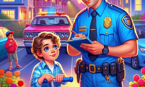 A police officer, a man in his thirties with brown hair and a neat mustache, wears a bright blue uniform. His face shows determination and kindness as he closely examines a parking lot with a notebook in hand. Beside him, an 8-year-old boy named Mateo, with curly hair and sparkling eyes, looks at his blue scooter with a worried expression, clenching his little fist. Nearby, another child, Joe, a 10-year-old boy wearing a red cap, watches timidly with his hands in his jeans pockets, ready to apologize. The setting is a neighborhood parking lot, illuminated by streetlights that cast a soft, warm glow, surrounded by parked cars and colorful flower pots. The scene takes place at dusk, with a sky tinted in pink and orange. The main situation shows the officer questioning the children while taking notes, trying to solve the mystery of the missing scooter, creating an atmosphere of camaraderie and cooperation.