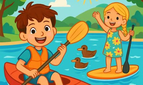 An 8-year-old boy, Max, with messy brown hair and sparkling eyes, is sitting on a bright red kayak by a shimmering lake. He is smiling widely, his slightly tanned skin glowing, while enthusiastically holding a wooden paddle. Next to him, his best friend Lily, an 8-year-old girl with braided blonde hair and a colorful floral dress, stands on a paddleboard, laughing and waving at him. A little further away, Jake, an 8-year-old boy with brown hair in a blue swimsuit, is about to dive into the water, arms raised, ready for fun. The lake is surrounded by green hills and tall trees, with sunlight dancing on the water. Ducks swim peacefully nearby, adding life to the scene. The main focus shows Max and his friends enjoying a sunny day full of aquatic adventures, filled with excitement and laughter, ready to explore the lake together.