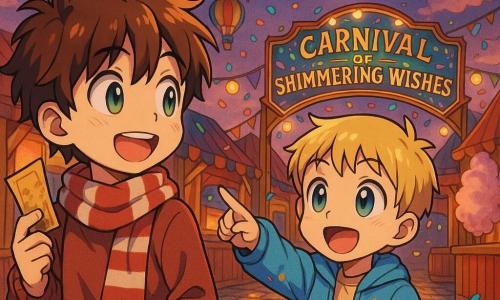 Two 8-year-old boys in the foreground slightly left and right: one with messy brown hair, a red-and-white striped scarf and green eyes holding a floating ticket and smiling to the right; the other with short blond hair, a sky-blue jacket with paint spots and sparkling blue eyes pointing toward a carnival lane while holding a small card. They stand on a colorful carnival square at twilight with shiny cobbled ground, arched lantern garlands, red-and-yellow wooden stalls, a miniature hot-air balloon, drifting pink cotton-candy smoke and floating confetti as they marvel at the entrance to the "Carnival of Sparkling Wishes"; manga style, crisp lines, exaggerated astonished expressions, vivid contrasting colors and warm late-afternoon light.