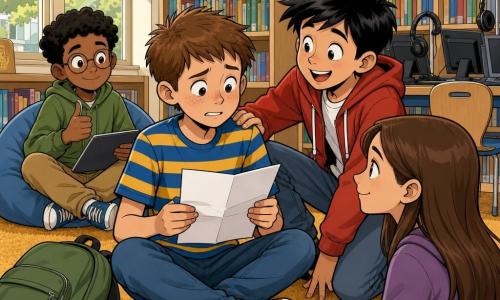 A 10-year-old boy, nervous then determined, round freckled face, short brown hair, wearing a blue-and-yellow striped t-shirt with a green backpack beside him, holds a folded reading sheet and reads aloud with slightly trembling lips; to his right Jordan, a mischievous 10-year-old boy with short black hair, grinning and slapping the protagonist’s shoulder to encourage him; opposite him Mila, a 10-year-old girl with long brown hair, soft confident gaze, smiling and nodding approval; nearby Amir, about 10, curly black hair, darker skin, thin glasses, hands on a tablet or book, giving a small thumbs-up, shy but pleased; setting: school library reading corner with mustard carpet, low blond wood shelves of colorful books, large window with soft morning light, an educational poster and a table with computers and headphones in the background; main scene: group seated in a circle as the boy reads a difficult word (