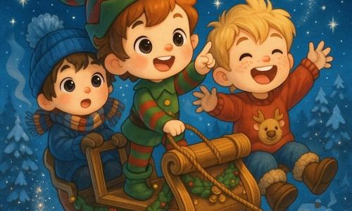 Three characters: Pip, a small male elf the size of a 6-year-old with fair skin, short red hair under a red-and-green pointed hat, laughing eyes, striped round clothes (green sweater, red tights) and bell-tipped shoes, standing at the front of a wooden sleigh with one hand on the reins and the other pointing to the sky; Jamie, a 9-year-old boy with messy brown hair and rosy cheeks in a big blue coat, pompom hat and plaid scarf, seated rear-left holding the railing with a look of wonder; Toby, a 9-year-old blond, freckled boy in a red reindeer sweater and fur-lined boots, seated rear-right with arms raised and a wide smile. Nighttime snowy village beneath: wooden houses with warm-lit windows, smoking chimneys, snow-covered pines, deep blue starry sky and swirling luminous snowflakes; a small wooden sleigh decorated with garlands and bells hovers above cobbled streets and golden lamplights, silver glitter and tiny stars whirl around, joyful kawaii chibi style with rounded expressive features and soft shiny textures, warm colors for characters and cool tones for the landscape.