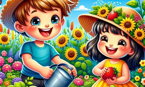 A 6-year-old boy named Alex, with messy brown hair and a big joyful smile, wears a straw hat and a blue t-shirt. He waters plants in a colorful garden, his eyes sparkling with excitement and pride. Next to him, a 6-year-old girl named Lily, in a bright yellow dress and a large sun hat, holds a juicy red strawberry and laughs joyfully. The garden is filled with vibrant flowers, green tomatoes, and tall sunflowers swaying gently in the breeze under a clear blue sky. Alex and Lily enjoy taking care of the plants, creating a small shelter for ladybugs, surrounded by the beauty of summer nature.