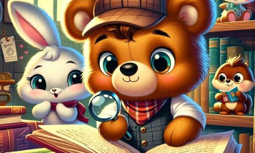 In the center of the image, Benny the Bear, an adorable teddy bear with brown fur and sparkling curious eyes, is crouched in front of a large open ancient book, his expression full of wonder and excitement. He wears a small felt detective hat and holds a magnifying glass in his paw, carefully examining the pages. To his right, Lucy the Rabbit, a small bunny with big ears and white fur, jumps for joy, her eyes shining with enthusiasm. She wears a colorful vest and holds a notebook in her paws, ready to jot down all the discoveries. To the left, Sam the Squirrel, a mischievous squirrel with a bushy tail and playful eyes, climbs on a shelf filled with books, a delighted smile on his face. He seems ready to dive into adventure, watching his friends with admiration. The setting unfolds in the mysterious library basement, where wooden shelves are laden with dusty books and cobwebs. A soft light filters through a small window, illuminating the scene with a warm glow. The main situation shows the three friends discovering an ancient book full of secrets, surrounded by an atmosphere of excitement and mystery, ready to solve a new puzzle together.