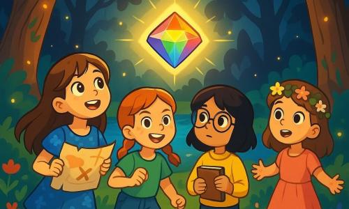 There are 4 children: Lila, a 10-year-old girl with long brown hair and sparkling eyes, wearing a blue floral dress and holding a treasure map, gazing in wonder at the sky; Fiona, an 11-year-old girl with braided red hair and freckles, dressed in denim shorts and a green t-shirt, smiling determinedly and ready to jump; Mira, a 10-year-old girl with black hair and round glasses, wearing a yellow sweater and black pants, holding a notebook and observing her surroundings; and Jade, a 9-year-old girl with brown hair and a flower crown, dressed in a pink dress, standing by a tree with her arms open, as if welcoming the magic of the forest. The children are in the center of an enchanted clearing, surrounded by majestic trees with gnarled trunks and shimmering leaves. A crystal-clear pond shines in the middle, reflecting the bright colors of the sky. Colorful flowers grow around, and fireflies dance in the air, adding a touch of magic to the scene. The main situation shows the four friends discovering the heart of harmony, a gem glowing with rainbow colors, floating above the ground, while mysterious shadows loom behind them, creating a magical and intriguing atmosphere.