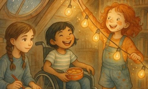 Três meninas: Lia, ~10 anos, cabelos ruivos encaracolados com manchas de tinta no rosto, à direita segurando uma guirlanda de lâmpadas retrô, olhar malicioso; Bia, ~10 anos, em cadeira de rodas decorada com adesivos marinhos, ao centro, uma mão na roda e outra segurando uma caixa de biscoitos, sorriso amplo; Marê, ~11 anos, cabelos castanhos em tranças, à esquerda com caderno de mapas e lápis musicais, concentrada. Cena num antigo sótão escolar transformado num canto acolhedor com piso de madeira, vigas, caixas etiquetadas, estante empoeirada e uma vela de chuva na claraboia; luz dourada suave atravessa o espaço, papéis e lápis espalhados e uma caixa de fósforos antiga ao lado. As três acendem juntas a guirlanda, pequenas faíscas como confetes dourados saem dela; riem, mãos quase unidas, expressão de maravilha e atmosfera quente e lúdica (um pinguim de pelúcia em uma caixa observa).