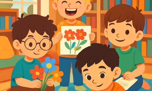 There are four children: Oliver, a 10-year-old boy with round glasses and messy brown hair, sitting on a red cushion, focused on creating a paper flower bouquet; Jake, a 9-year-old boy with freckles and curly blonde hair, standing next to Oliver, holding a colorful drawing of flowers with a big smile; Sam, a 10-year-old boy with chestnut hair and a gentle expression, sitting cross-legged on a rug, writing a poem on a piece of paper; and Max, a 9-year-old boy with black hair and sparkling eyes, leaning forward, carefully folding a heart-shaped origami on a wooden table. The setting is a bright library with large windows letting in sunlight, colorful book-covered walls, and a reading corner with soft cushions and rugs. Rays of light illuminate the children's faces, creating a warm and welcoming atmosphere. The main scene shows the four friends in the midst of creation, surrounded by colorful papers, crayons, and scissors, each focused on their project, laughing and exchanging ideas, illustrating their excitement in preparing special surprises for Mother's Day.