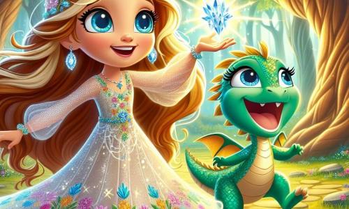 Al centro dell'immagine, la principessa Althea, una giovane di circa 12 anni, si erge orgogliosa con un sorriso radioso. I suoi lunghi capelli dorati fluttuano nel vento, e i suoi occhi blu brillano di eccitazione. Indossa un vestito leggero in tessuto scintillante, decorato con motivi floreali colorati, e tiene in mano un magnifico Cristallo della Luce che emette bagliori luminosi. Accanto a lei, Fiamma, un piccolo drago verde con squame brillanti e occhi vivaci, batte le ali con entusiasmo. Il paesaggio è una radura incantata, circondata da alberi maestosi e foglie brillanti, con fiori multicolori che tappezzano il terreno e un dolce raggio di sole che illumina la scena. Althea e Fiamma celebrano la loro vittoria dopo aver recuperato il Cristallo della Luce, pronti a riportare la magia nel Regno di Luce, mentre scintille di luce li circondano, simboleggiando la magia ritrovata e la rinascita della speranza.