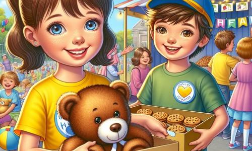 A 10-year-old girl, Amelia, stands at the center of the image with bright, big eyes and a radiant smile. She wears a yellow T-shirt with "Helping Hands Fair" written on it and a colorful skirt. Her brown hair is styled in two pigtails, and she holds a large teddy bear in her arms, symbolizing the joy she feels in helping others. Next to her, a 10-year-old boy, Leo, has brown hair and wears a blue cap. He holds a box of cookies that he offers to children playing around them, showcasing his enthusiasm and generosity. In the background, there is a lively scene of a charity fair in a schoolyard, decorated with colorful balloons and game booths. Smiling families gather around the activities, while a large wooden sign reads "Charity Fair" with drawings of happy animals. The main scene shows Amelia and Leo surrounded by children and adults, distributing toys and treats. The atmosphere is festive and warm, filled with laughter and colors, illustrating the spirit of solidarity and community support.