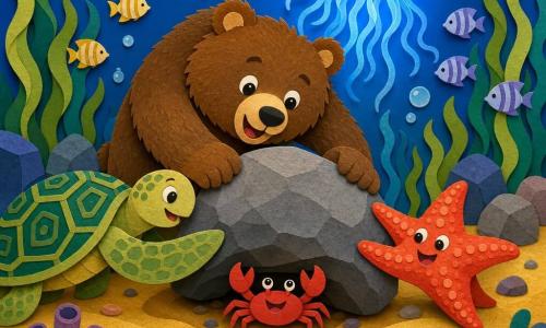 Un grande orso bruno peluche, viso tondo e occhi dolci, spinge con entrambe le zampe una grossa pietra per liberare un piccolo granchio rosso dalle chele sottili; una stella marina corallo scintillante tira la pietra da destra, una tartaruga marina con carapace verde e motivi geometrici spinge da sinistra con la pinna, e una medusa blu traslucida illumina la scena dall'alto; sfondo marino colorato con sabbia dorata, alghe verdi, scogli rotondi, banchi di pesci striati e bolle, atmosfera luminosa di cooperazione, colori vivaci e texture effetto carta, forme semplici e leggibili per bambini.