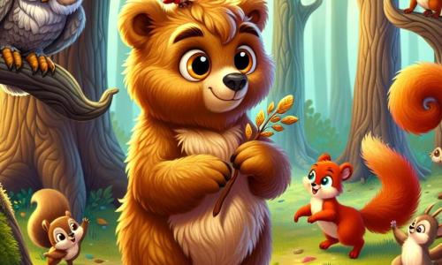 Ilustración que representa a un joven oso pardo con un pelaje dorado brillante al sol, ojos grandes y curiosos, mostrando una expresión de asombro y determinación. Sostiene una varita mágica de madera de roble, mirando a un grupo de pequeños árboles que bailan alegremente a su alrededor. Cerca, un viejo búho sabio con plumas grises y gafas redondas observa la escena con una sonrisa divertida, listo para dar consejos al oso. Un grupo de ardillas traviesas, con pelajes rojizos y colas esponjosas, saltan a su alrededor, riendo y aplaudiendo, llenando el ambiente de dinamismo. El lugar es una clara encantada, rodeada de grandes árboles con troncos retorcidos y hojas verdes brillantes, donde flores coloridas bailan al ritmo del viento. El oso intenta hacer bailar a los árboles con su magia, mientras los otros animales lo animan, creando un momento de alegría y camaradería en este mundo fantástico. Elementos gráficos incluyen destellos de luz mágica de la varita del oso, notas musicales flotando en el aire y expresiones de alegría en los rostros de los animales, capturando el espíritu lúdico y humorístico de la historia.