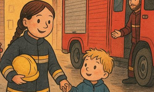 Una pompiere sorridente, Lina, volto rotondo, capelli castani intrecciati, casco giallo sotto il braccio, sorriso dolce e occhi brillanti, tende la mano e si avvia verso un grande camion rosso; un bimbo di circa 2 anni, capelli biondi arruffati, giacca blu, tiene un camion giocattolo e la mano della donna, guarda il camion con meraviglia; un pompiere intorno ai 30 anni, barba corta e uniforme rosso scuro, apre la porta della cabina sullo sfondo a destra; davanti a una grande caserma in mattoni al crepuscolo con baia aperta, luci gialle calde, terreno bagnato che riflette le luci e un idrante rosso visibile; scena principale: preparativi tranquilli per la partenza — la donna rassicura il bimbo e sale sul camion rosso pronto a partire, atmosfera calma e rassicurante, colori caldi e contrasti netti.