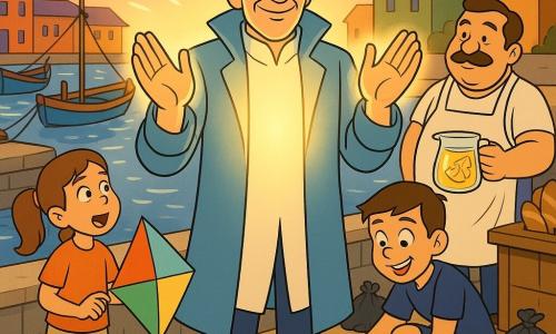 A smiling, serene man, Captain Lumen, with a gentle face and light wrinkles, long shimmering sky-blue coat with silver highlights and slicked-back silver hair, holds his palms up as warm, creamy light flows from them and softly envelops the harbor; to his left stands an about eight-year-old girl, Emma, with chestnut hair in a ponytail and a look of wonder, holding a colorful kite near the quay wall as it catches a slight breeze; to his right a nine-year-old boy in navy sneakers kneels proudly with a bucket and shovel, picking up litter near the water’s edge; behind the children stands Mr. Gomez, the baker, with a mustache and flour-dusted apron holding a bucket of lemonade beside a bread stall, watching proudly; the setting is a cobbled harbor quay by a calm bay with glittering small waves, colorful wooden fishing boats moored with ropes, a few bags of trash and a decorative wind wheel on a post, and colorful houses under a lavender sunset sky; the scene is a calm, joyful collective action—gentle healing light on the water, people gathering trash into bags, a kite flying in a light breeze, warm colors, crisp contrasts, kind expressions, composition centered on the luminous man.
