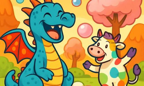 Un drago di nome Drilbo, con scaglie blu vivaci e ali rosse a pois gialli, sta ridendo a crepapelle, con gli occhi scintillanti di malizia. È seduto su un tappeto di marshmallow, circondato da bolle di sapone colorate che fluttuano intorno a lui. Accanto a lui, una mucca arcobaleno, con macchie multicolori e un sorriso gioioso, cerca di liberarsi da un albero di zucchero filato, agitando le zampe con entusiasmo. Sullo sfondo, il paesaggio è un mix di colline di caramelle, foreste di caramello e nuvole di zucchero, creando un'atmosfera magica e giocosa. La scena principale mostra Drilbo e la mucca che si divertono insieme, circondati da creature buffe, mentre preparano una grande festa piena di risate e dolcezze.