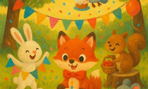 Die Szene zeigt in einer sonnigen Waldlichtung ein kleines rotbraunes Fuchskind mit rotter Schleife, das fröhlich auf einem bunten kleinen Kuchen sitzt; links ein weißer Hase, der eine mehrfarbige Girlande abrollt, ein braunes Eichhörnchen auf einer Baumstumpf bietet einen Korb roter Beeren an, eine graue Eule schwebt mit einem kleinen Kuchen mit Streuseln hinter der Gruppe und eine graue Maus schiebt vorne lachend eine große bunte Kugel; Pastellballons an den Ästen, fallende Konfetti, warme, sichere Geburtstagspartystimmung; Stil: leuchtende Acrylmalerei, weiche Konturen, kräftig-pastellige Farben, sichtbare Pinseltextur, einfache, gut lesbare Komposition für Kleinkinder.