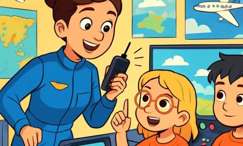 Una mujer piloto, Elena, con cabello castaño recogido en un moño, viste un traje de piloto azul brillante. Tiene una sonrisa cálida y ojos brillantes de emoción, sosteniendo un walkie-talkie en una mano. A su lado, una niña de 10 años, Lucía, con cabello rubio y gafas, levanta la mano con una mirada curiosa, sentada en un simulador de vuelo. Un niño de 9 años, Tomás, con cabello negro desordenado, escucha atentamente, con los brazos cruzados, de pie cerca de una gran pantalla de control. El lugar es una sala de simuladores de vuelo, llena de maquetas de aviones, mapas coloridos en las paredes y luces intermitentes. Carteles de nubes y aviones decoran las paredes, creando una atmósfera dinámica e inspiradora. La situación principal muestra a Elena explicando a los niños cómo pilotar un avión, con sonrisas y gestos entusiastas, mientras un walkie-talkie emite un ligero bip, señalando una comunicación. Los niños están cautivados por sus palabras, rodeados de un ambiente de aprendizaje y aventura.
