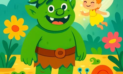 Um ogro verde, grande e forte, com um largo sorriso amigável e olhos brilhantes de curiosidade, está no centro da imagem. Ele usa um chapéu feito de folhas, e seus enormes pés estão afundados na lama do pântano. Ao seu lado, uma pequena fada luminosa, com asas cintilantes e uma coroa de pétalas, voa alegremente ao seu redor, iluminando o ar com sua suave luz. Um caracol colorido, com antenas tremulando, desliza lentamente sobre uma folha próxima, observando a cena com um olhar maravilhado. O lugar é um pântano mágico, cheio de flores gigantes de cores vibrantes, com uma leve névoa flutuando sobre a água dourada e sapos cantores escondidos entre as plantas. A cena principal mostra o ogro e a fada rindo juntos, enquanto o caracol se junta a eles, criando uma atmosfera alegre e amigável, cheia de magia e descobertas.
