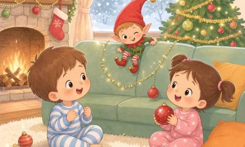Ci sono tre personaggi: Leo, bambino di 3 anni, capelli castani corti, pigiama a righe blu e bianco, seduto a sinistra sul tappeto che guarda stupito il folletto; Lia, bambina di 3 anni, capelli castani a code, pigiama rosa con stelle, seduta a destra vicino a un cuscino arancione con una pallina di Natale in mano; il Folletto di Natale, minuscolo come una tazza, pelle rosata, berretto rosso a punta, scarpe con campanellini, appollaiato sul bordo del divano tra Leo e Lia che fa l'occhiolino. Ambientazione: salotto accogliente con tappeto crema, divano verde menta, camino in pietra con legna che scoppietta, albero di Natale decorato con ghirlande dorate e palline lucenti e finestra con dolce neve che cade. Situazione: il folletto fa piccole burle — ghirlande che si spostano, palline che tintinnano, appare un berretto — i bambini ridono sorpresi; scena di movimenti morbidi, colori caldi e dettagli scintillanti.