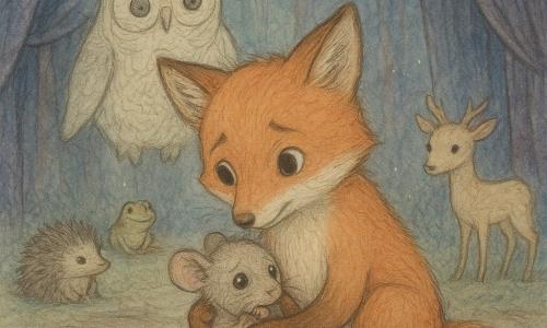 Una giovane volpe femmina dal pelo rosso caldo e occhi grandi e dolci, espressione coraggiosa e tenera, è accovacciata a consolare un minuscolo topolino grigio tremante che tiene delicatamente tra le zampe; il topolino, con pelo arruffato e occhi lacrimosi, appare spaventato ma sollevato, rannicchiato al centro della scena. Dietro di loro fluttua leggermente un grande gufo di stoffa ricamato, sagoma crema con fili argentati e occhi-bottone luminosi, che osserva con benevolenza come un guardiano. Sullo sfondo, disposti a semicerchio nella radura, un piccolo gruppo di animali (un riccio dai pungiglioni setosi, una rana verde con le zampe piegate, un giovane cerbiatto pallido) è curioso ma tranquillo. Il luogo è una radura tessile: lunghe tende appese agli alberi, drappeggi colorati (blu profondo, porpora, nero sfumato) che formano un labirinto, piccole pozze d'acqua che riflettono macchie di luce e polvere di stelle tessuta che fluttua nell'aria. Situazione: una scena notturna intima in cui la volpe rassicura il topolino al centro di una sala di tende, i tessuti si aprono come un sipario e la luce morbida filtra a fasce, atmosfera misteriosa ma rassicurante.
