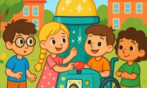 Ci sono 4 bambini: - Luca: un ragazzo di 10 anni, con capelli castani disordinati e occhiali rotondi. Indossa una maglietta blu e pantaloni corti. È a sinistra, guardando la macchina del tempo con curiosità. - Sofia: una ragazza di 9 anni, con lunghi capelli biondi intrecciati e un vestito rosa a pois. È al centro, toccando la macchina con meraviglia. - Marco: un ragazzo di 10 anni, con capelli castani e un sorriso amichevole. È in sedia a rotelle, a destra di Sofia, osservando la macchina con occhi brillanti. - Anna: una ragazza di 8 anni, con capelli ricci e una maglietta verde. È a destra di Marco, con le braccia incrociate, pronta a premere il pulsante della macchina. Il luogo è un giardino scolastico soleggiato, con fiori colorati e alberi verdi. Al centro c'è una macchina del tempo brillante, adornata di luci scintillanti e pulsanti colorati. Sullo sfondo si vedono edifici scolastici in mattoni rossi. La scena principale mostra i bambini riuniti attorno alla macchina del tempo, tutti eccitati e curiosi, pronti a vivere un'incredibile avventura nel passato.