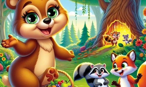 Un orso di nome Albachiara, con un pelliccia dorata e grandi occhi brillanti di curiosità, si trova al centro di un prato soleggiato, sorridente e piena di entusiasmo. Tiene un cesto pieno di miele e frutti colorati, pronta a condividere le sue scoperte con i suoi amici. Accanto a lei, un piccolo procione di nome Pippo, con pelliccia grigia e una maschera nera sul viso, ride mentre cerca di rialzarsi dopo essere scivolato su una buccia di banana, aggiungendo un tocco comico alla scena. Non lontano, una volpe astuta di nome Cloe, con pelliccia rossa brillante e una coda folta, osserva la situazione con un sorriso malizioso, pronta a fare uno scherzo. Il prato è circondato da alberi maestosi con foglie verdi vibranti, e fiori colorati punteggiano il terreno, creando un'atmosfera gioiosa e accogliente. Sullo sfondo, un grande albero cavo lascia intravedere una festa segreta di animali, con luci scintillanti e risate che fluttuano nell'aria. La scena principale mostra Albachiara e i suoi amici che scoprono il segreto delle risate notturne, pronti a divertirsi insieme in questa bella foresta incantata.