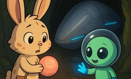 O personagem principal é um pequeno coelho chamado Lilo, de pelo creme com manchas castanho-claro, grandes orelhas e expressão curiosa/inquieta, com uma bolsinha de tecido e uma pedra redonda que emite um brilho quente levemente rosado; personagem secundário Numi, um extraterrestre pequeno e redondo de pele verde-menta lisa, olhos grandes e brilhantes, três dedos finos e expressão aliviada, tocando um painel luminoso com uma luva azul ao lado da nave; a nave é metálica prateada em forma de gota achatada com linhas azuis acesas, presa num túnel estreito; local: caverna baixa de pedra úmida com musgo, chão de terra e pedras; situação: Lilo e Numi cooperam para empurrar a nave suavemente em direção à saída, luzes azul e púrpura da pedra e dos botões criam uma atmosfera acolhedora e aventureira.