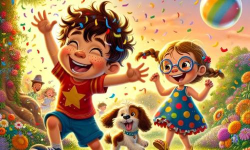 Um menino de 6 anos, Lucas, com cabelo castanho bagunçado e um grande sorriso travesso, está dançando alegremente no meio de uma chuva de confetes coloridos, com os braços levantados para o céu. Ele usa uma camiseta vermelha com estrelas e um short azul, e seus olhos brilham de felicidade. Ao lado dele, sua melhor amiga Maria, uma menina de 6 anos com óculos redondos e cabelo loiro trançado, ri enquanto tenta pegar uma bolha gigante que flutua perto dela. Ela veste um vestido de bolinhas multicoloridas e sandálias amarelas. Ao fundo, há um jardim verdejante, cheio de flores vibrantes e uma grande árvore com galhos estendidos. O sol está se pondo, projetando uma luz dourada na cena, enquanto um pequeno cachorro, Bolinha, com pelagem marrom e orelhas caídas, corre ao redor deles, tentando pular nos confetes. A cena principal mostra Lucas e seus amigos celebrando o sucesso de sua invenção, o Risomático, que encheu o ar com música alegre, bolhas e risadas, criando uma atmosfera festiva e divertida, perfeita para uma história engraçada antes de dormir.