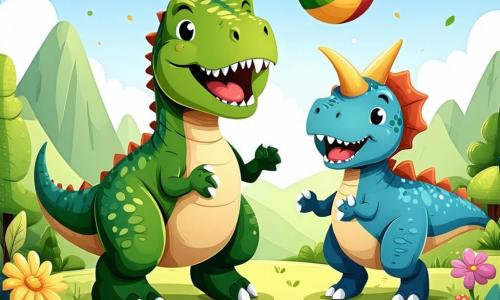 Un Tyrannosaure Rex, mare și măreț, cu o piele verde și solzi strălucitori, își exprimă bucuria printr-un zâmbet larg, cu brațele ridicate în semn de victorie. Lângă el, un triceratops drăguț, cu trei coarne pe frunte și o piele albastră deschisă, sare de bucurie ținând o minge colorată în picioarele din față. Un stegosaurus, cu plăci colorate pe spate și o expresie prietenoasă, stă puțin mai în spate, pregătit să aplaude prietenii. Scena are loc pe un vârf de munte verde, presărat cu flori strălucitoare de toate culorile, sub un cer albastru deschis cu nori pufoși albi. Departe, copaci măreți și coline ondulate adaugă frumuseții peisajului. T-Rex și prietenii săi sărbătoresc descoperirea mingii pierdute, înconjurați de râsete și bucurie, ilustrând importanța prieteniei și a muncii în echipă.