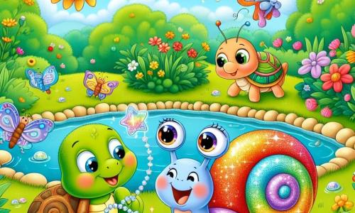 A little snail named Sammy, with a shiny and colorful shell that sparkles like a star, stands at the edge of a pond, displaying an expression of joy mixed with excitement, his eyes sparkling with happiness. Next to him, Bella the butterfly, with delicate multicolored wings, joyfully flies around him, while Timmy the turtle, with his green shell and gentle eyes, slowly makes his way across the grass, smiling and ready to help. In the background, the garden is filled with vibrant flowers, large green bushes, and a clear blue sky, creating a magical and sunny atmosphere. The scene shows Sammy discovering his precious sparkling pearl necklace at the edge of the pond, surrounded by his friends, celebrating the joy of friendship and adventure.