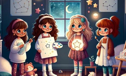 Patru fete de 11 ani stau într-o cameră călduroasă, plină de lumini colorate și perne pufoase. Ana, cu părul brun și ochii strălucitori, este în centru, zâmbind, cu o lampă în formă de stea în mâini. La dreapta ei, Maria, cu părul blond și ochelari rotunzi, privește cu curiozitate o umbră proiectată pe perete. La stânga, Elena, cu părul roșu și o paletă de vopsea în mână, desenează stele pe o foaie mare. În cele din urmă, Irina, cu părul castaniu prins în coadă de cal, este așezată în scaun cu rotile, cu ochii strălucind de imaginație, înconjurată de plușuri. Camera este decorată cu postere de constelații și ghirlande luminoase care creează o atmosferă magică, iar o fereastră deschisă lasă să se vadă cerul înstelat. Fetele, reunite în fortul lor improvizat din perne, împărtășesc povești despre fricile lor de întuneric, transformând întunericul într-o aventură palpitantă și încurajându-se reciproc să-și înfrunte temerile, demonstrând că prietenia poate lumina chiar și cele mai întunecate momente.