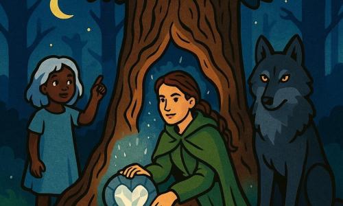 Bohaterska kobieta (ok. 30–35 lat): zdeterminowana, łagodna twarz, brązowe warkocze, zielony mszysty płaszcz, zabłocone skórzane buty, klęczy, dłoń na błyszczącym kryształowym sercu, wyraz odważny i pogodny, dziewczynka-przewodniczka (ok. 12 lat): srebrne półdługie włosy jak księżycowe pasma, prosta blado-niebieska sukienka, życzliwe spojrzenie, stoi lekko z tyłu po lewej, palec wskazuje na stary dąb; wilk opiekuńczy: duży, ciemne futro, bursztynowe oczy, siedzi spokojnie po prawej jako cicha straż; miejsce: nocna polana w pradawnym podszycie, mchy na ziemi, pokręcone korzenie wokół masywnego pustego pnia dębu, wewnątrz sercowaty kryształ dający srebrzyste światło, lekka mgiełka i drobne iskierki; sytuacja: kobieta zdejmuje klątwę dotykając kryształu, światło rozchodzi się ku drzewom, atmosfera nadziei i odzyskanego spokoju, kompozycja skupiona na trójce u stóp dębu, styl: kolorowy tusz z wyraźnymi kreskami, tekstury drewna i migotliwe refleksy.