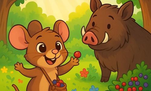 A little mouse named Milo, with shimmering brown fur and sparkling curious eyes, stands in the middle of a sunny clearing, a big smile on his face. He carries a small messenger bag filled with juicy berries, his little paws raised with enthusiasm. Beside him, an old boar named Borin, with brown fur and wise eyes, watches Milo with a benevolent smile, standing slightly back like a protector. The scene takes place in a magical clearing surrounded by majestic trees with thick trunks and bright green leaves, while colorful wildflowers dance in the breeze. Sun rays pierce through the foliage, illuminating the clearing with a golden light. Milo and Borin stand in front of a bush overflowing with red and purple berries, while Milo, with an expression of joy and wonder, reaches out to pick a shiny berry, ready to savor his discovery.